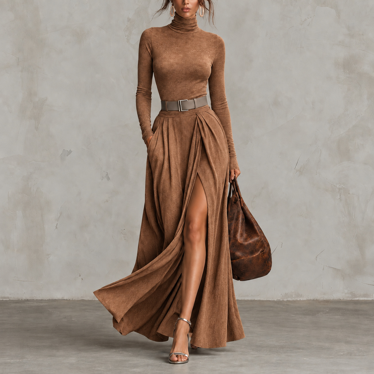 Elegant Turtleneck Long-Sleeve Belted Side-Slit Maxi Dress