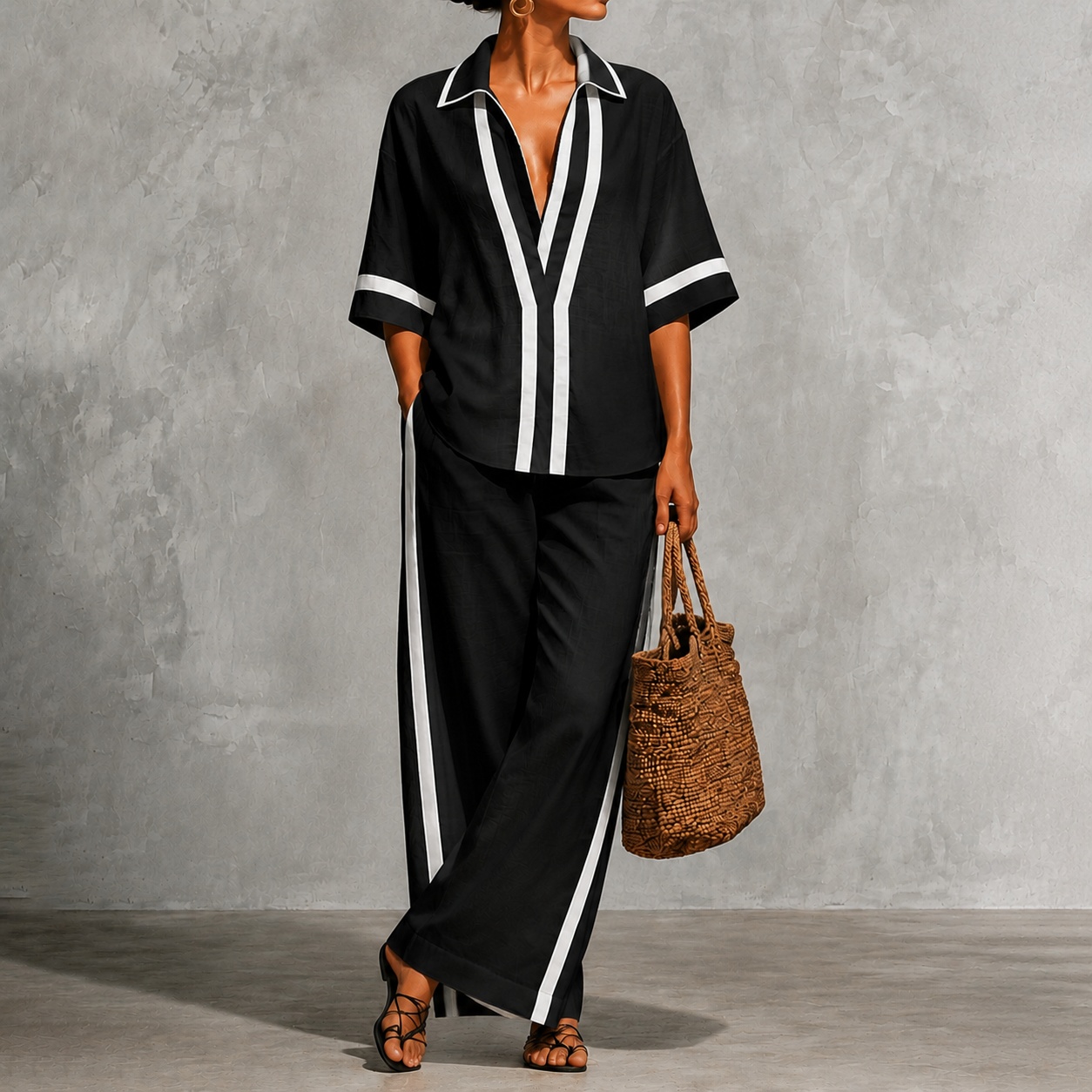 Elegance Two-piece Set Of Color-blocked Short-sleeved Shirt And Wide-leg Pants