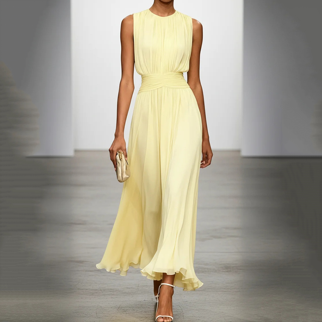 Elegant Solid Color Fitted Waist Round Neck Sleeveless Midi Dress