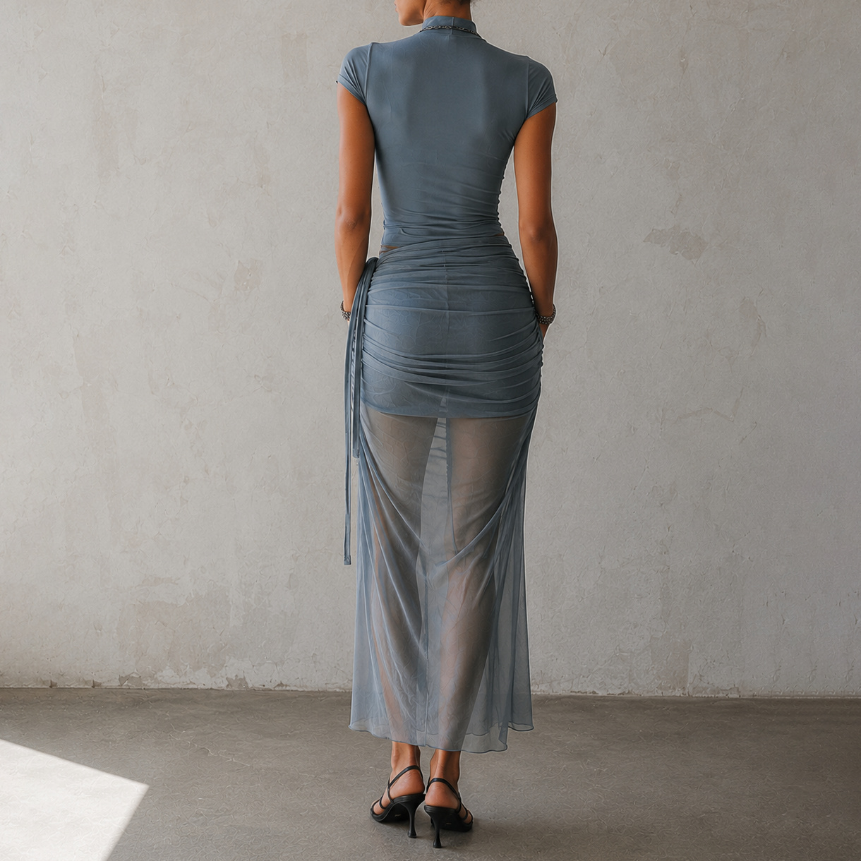 Stand-up Collar Button-down Top And Flowing Tulle Skirt Set