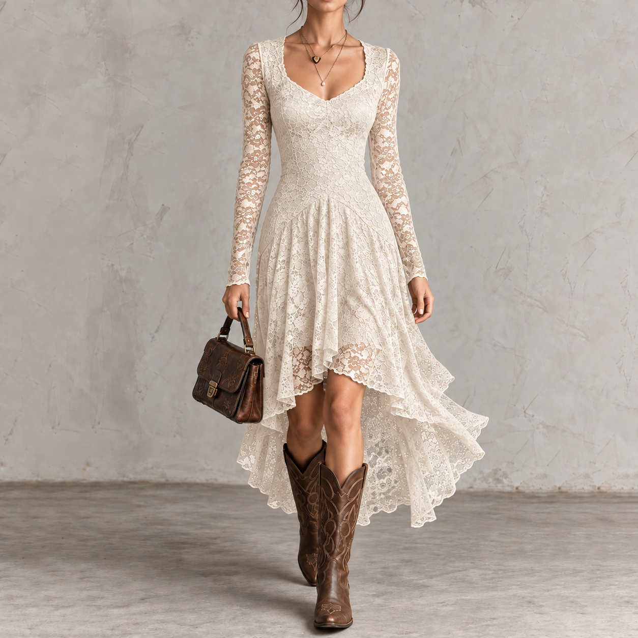 Elegant Solid-color Lace Square Neckline Maxi Dress