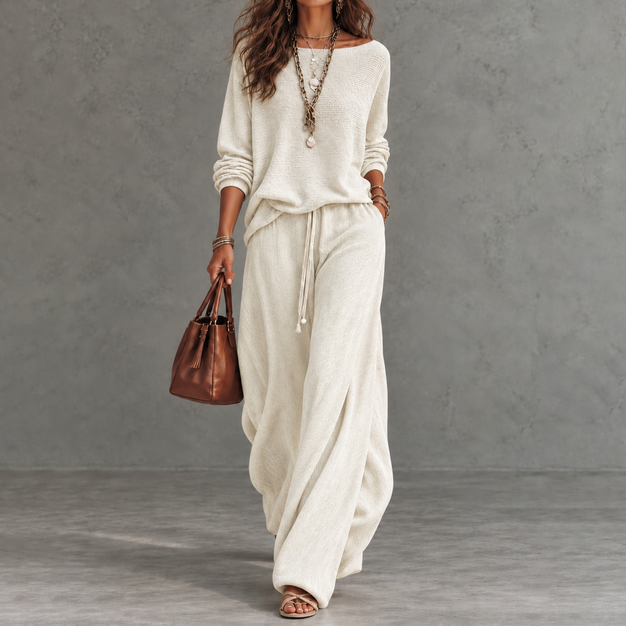 Elegance Boat-neck Dropped-shoulder Long-sleeve Top And Wide-leg Pants Set