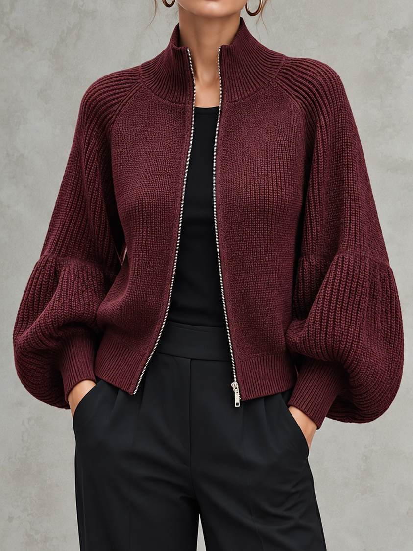 Lantern Sleeves Cropped Zip-up Knit Cardigan