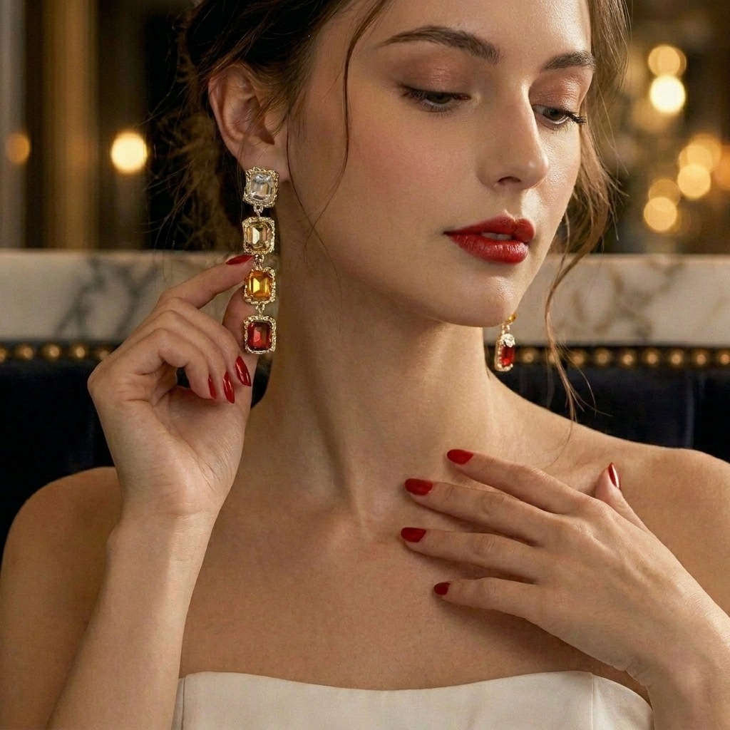 2pcs/set Elegant Square Diamond-encrusted Clavicle Necklace & Earring Party Jewelry Set