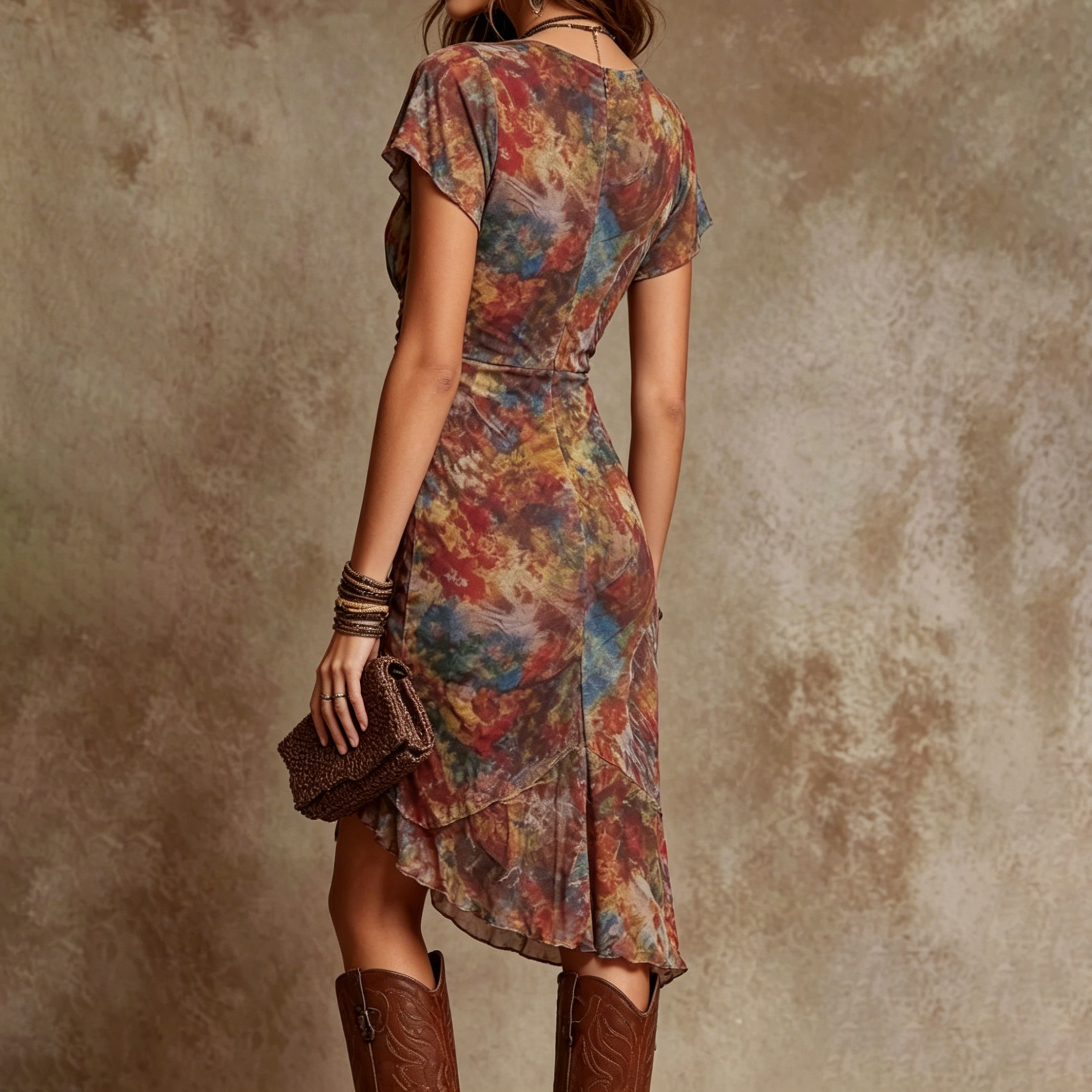 Elegant Collared Colorful Printed V-neck Irregular Midi Dress