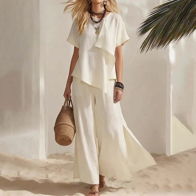 Casual Irregular Tops With Slits And Wide-leg Pantstwo-piece Set