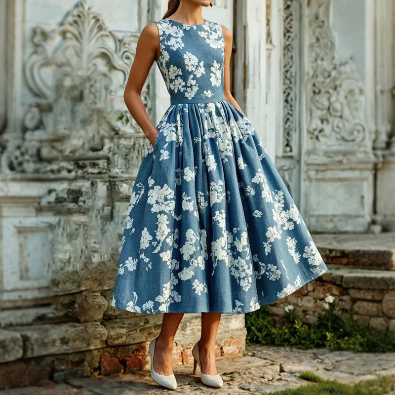 French Elegant Sleeveless Floral A-line Dress