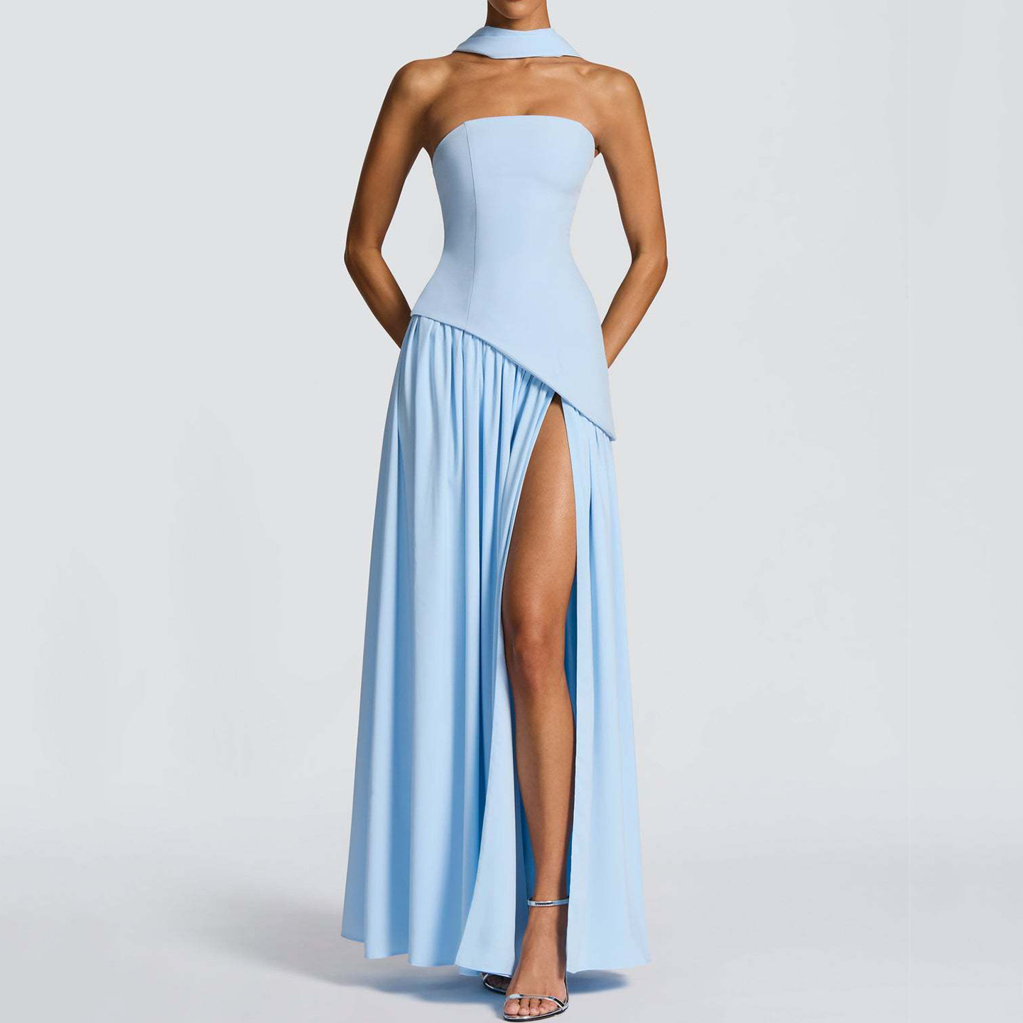 Sexy Backless High Slit Tube Top Solid Color Dress