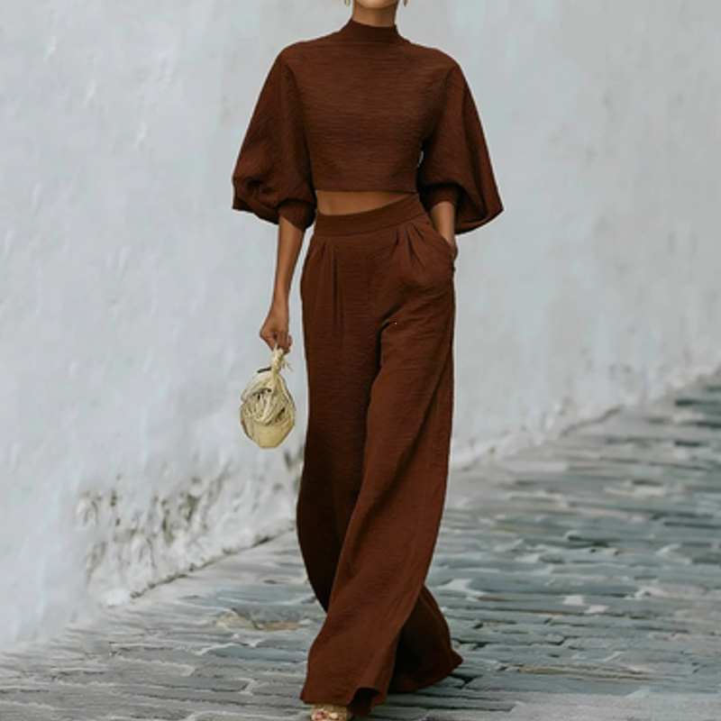 Casual High Waisted With Blended Crop Top Two-piece Set