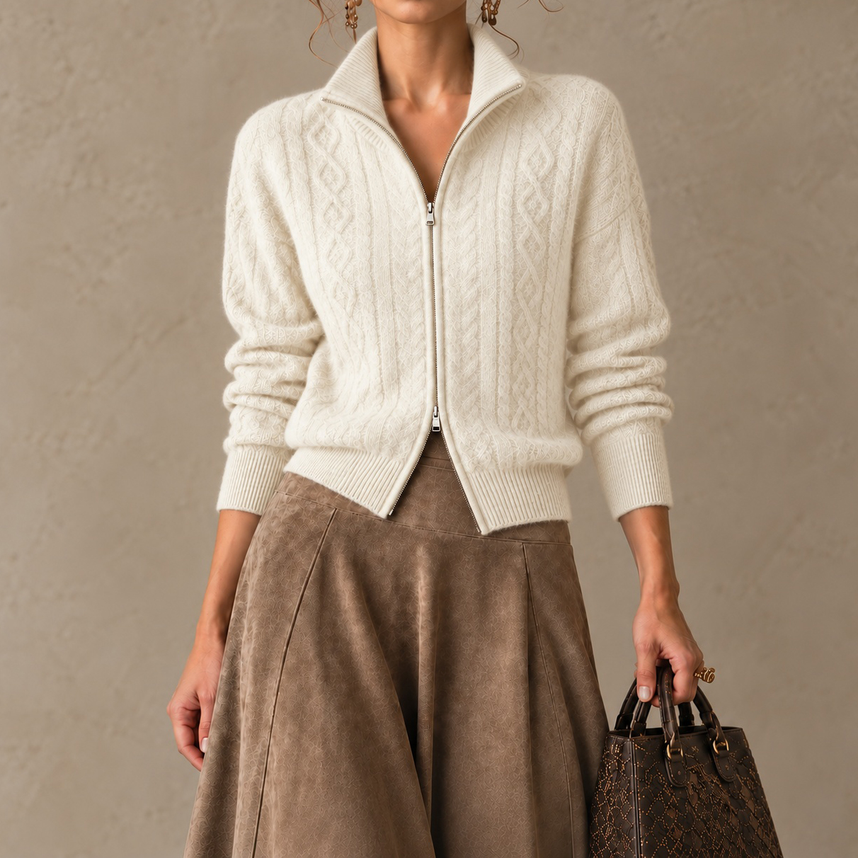 Elegance Long-sleeve Cashmere Knit Cardigan With Two-way Zipper