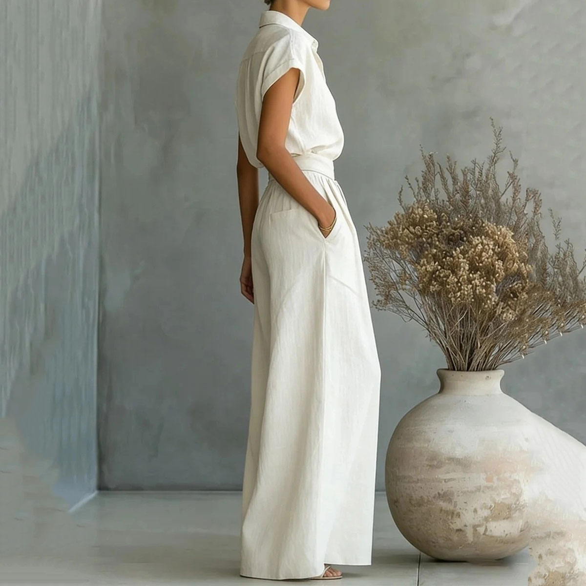 Fashion Casual Solid Color Shirt Wide-leg Pants Two-piece Set