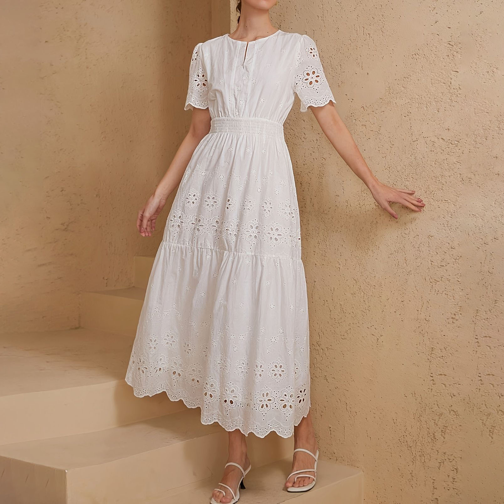 Elegant Spring And Summer Vacation Hollow Embroidered Dress