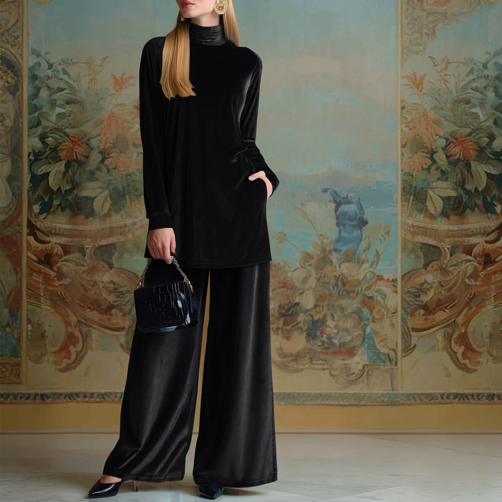 Classy Velvet Turtleneck Slit Top & Wide Leg Pants Set