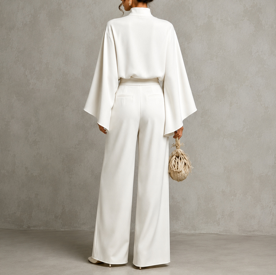 Elegance Solid Color Turtleneck Top + Loose Wide-leg Pants Two-piece Set
