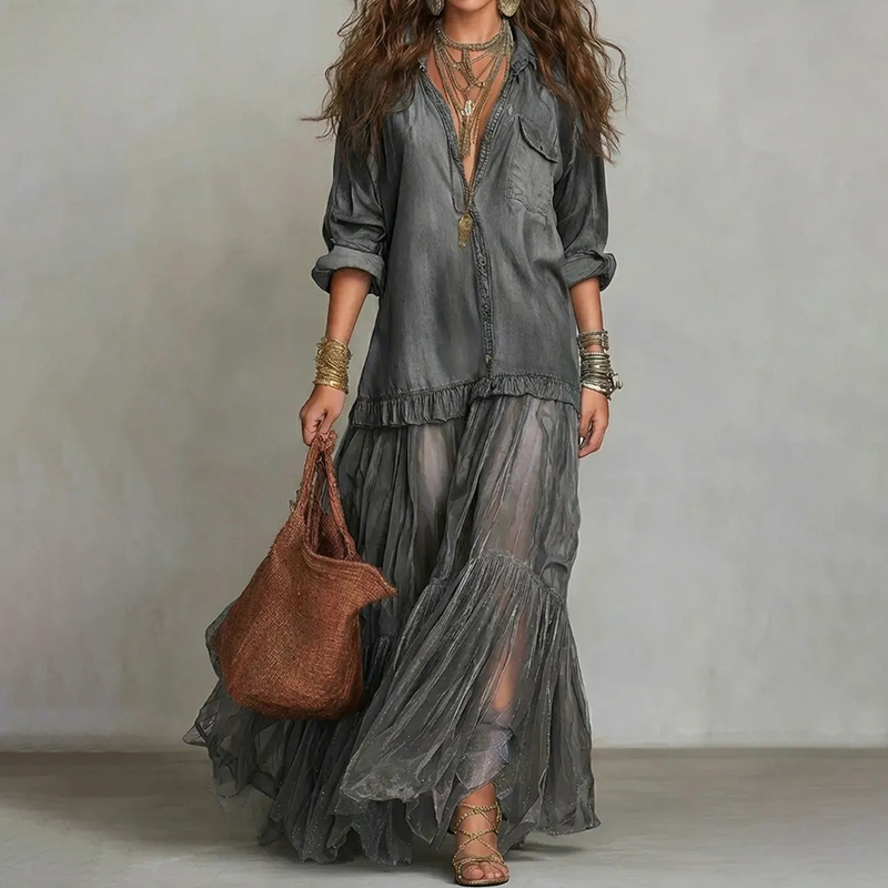 Retro Lapel Denim Splicing Mesh Casual Pocket Dress