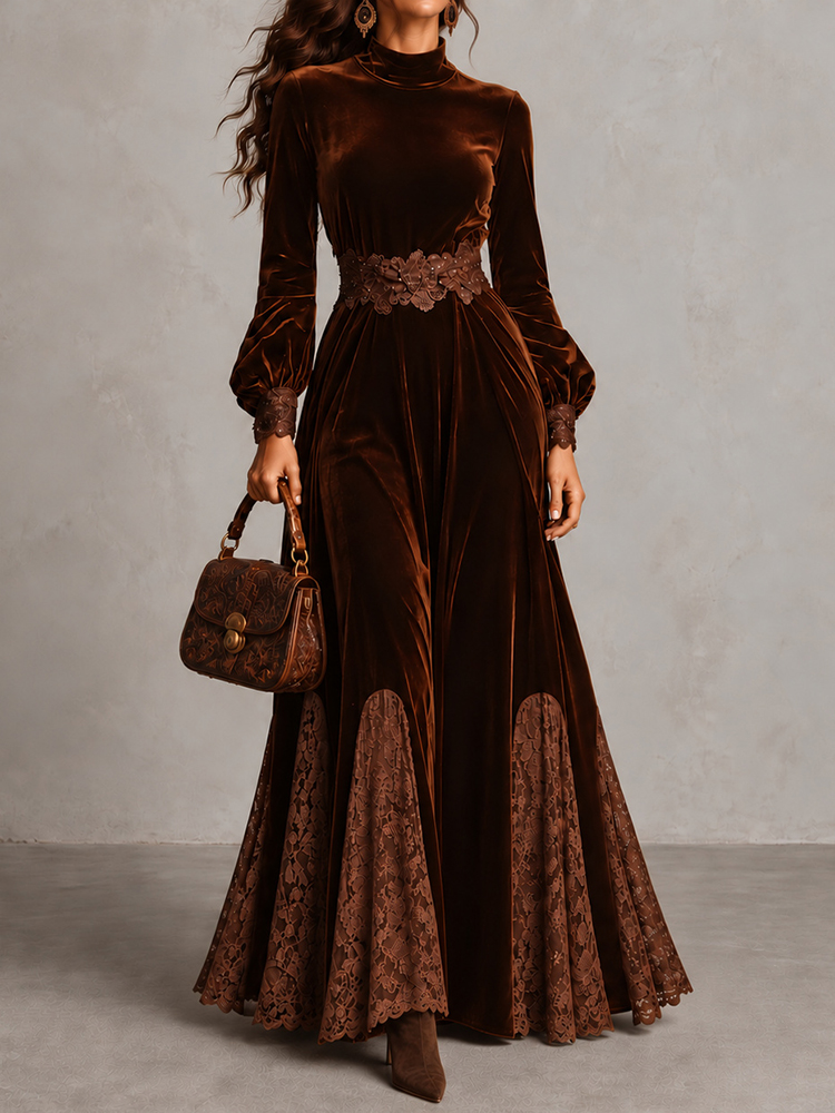 Retro Velvet Lace V-neck Long-sleeve Maxi Dress