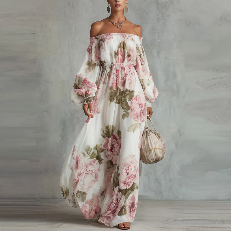 Fashion Printed One-shoulder Lantern Sleeve Elegant Dress