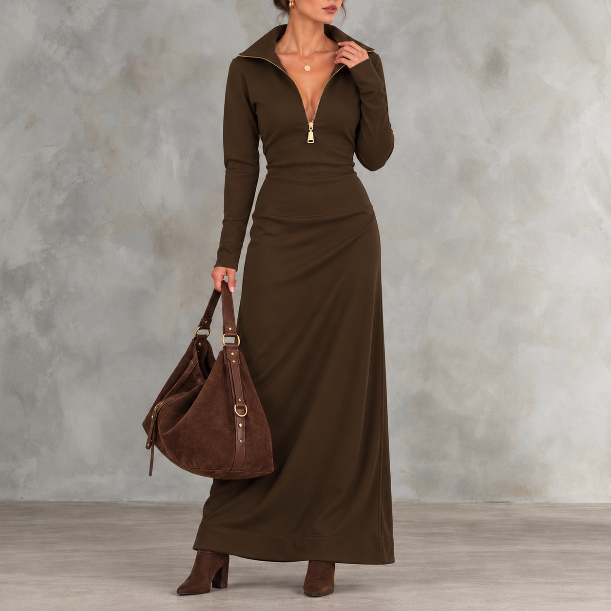 Elegant Solid-color Long-sleeve Casual Polo With A Half-zip Collar Maxi Dress