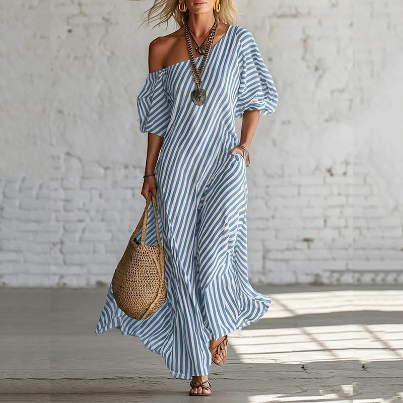 Women's Elegant Striped Off-shoulder Cotton Dress