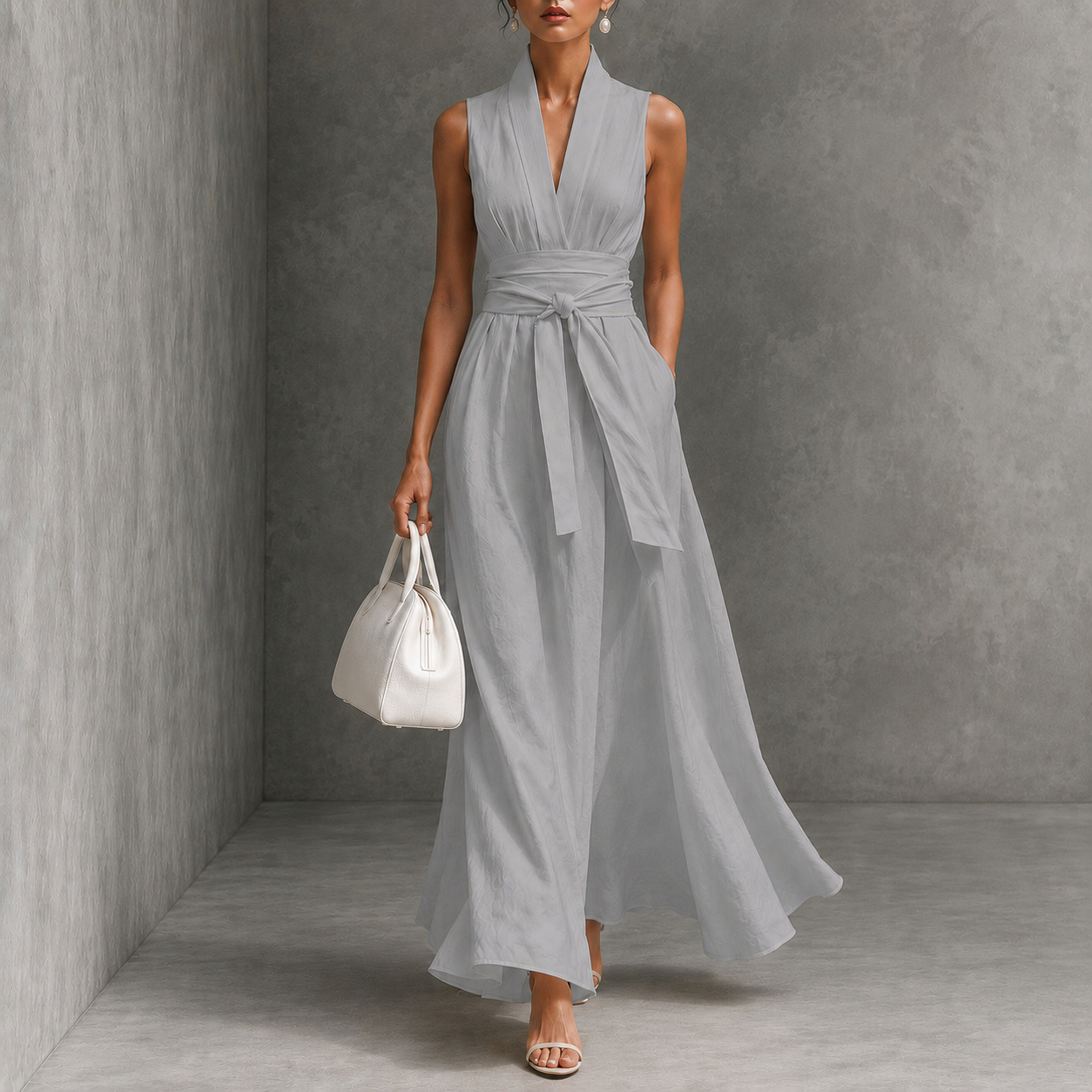 Elegant Solid Color V-neck Sleeveless Off-shoulder Fitted Waist Tie Maxi Dress