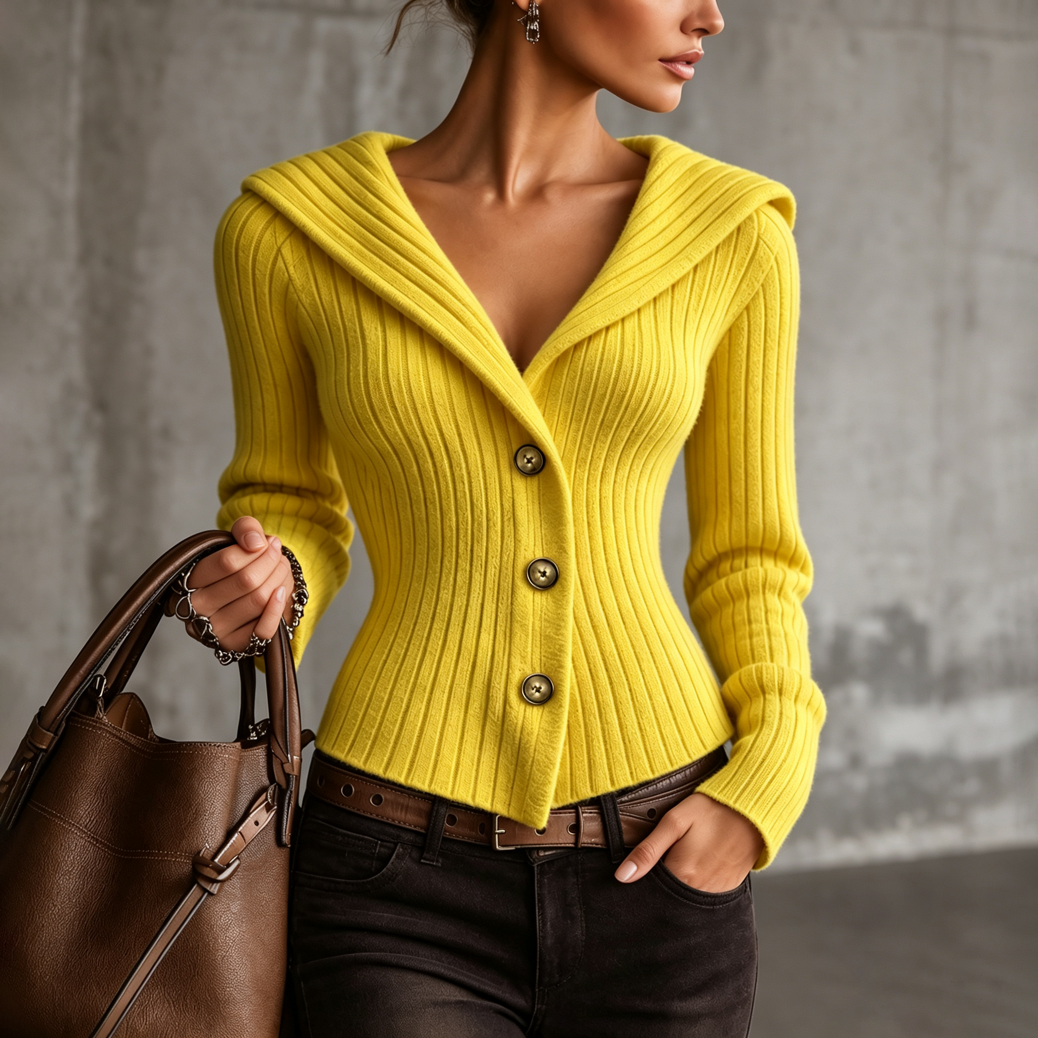 Women's Slim Fit Ribbed Knit V-neck Waist-defining Cardigan