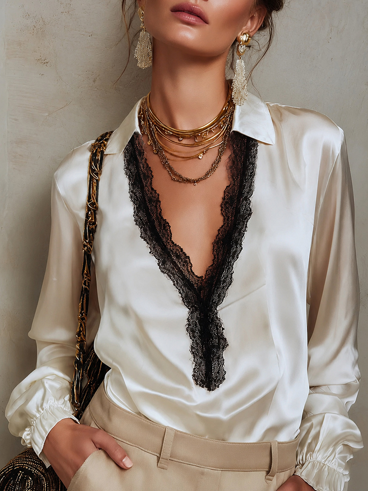 Elegant Satin Trim Lace V-Neck Lace Blouse