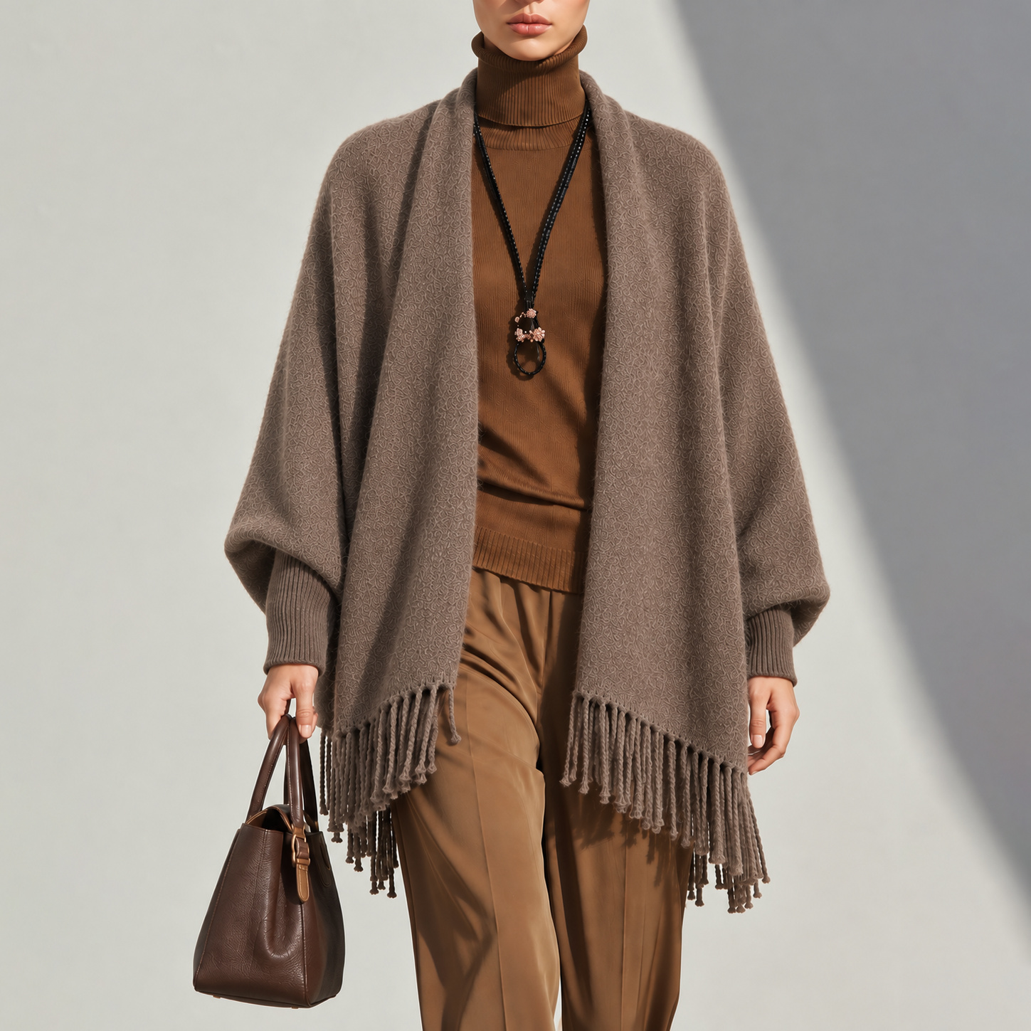 Elegance Yak And Cashmere Blend Batwing-sleeve Knitted Cardigan Shawl With Tassels