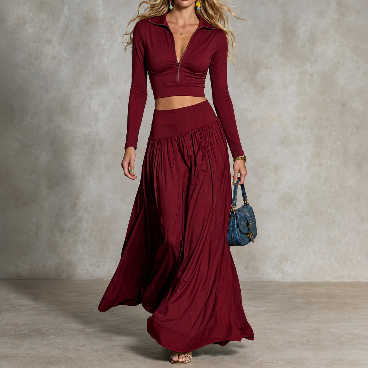 Retro  Solid Color Long-sleeved Top + Skirt Two-piece Set Maxi Dress