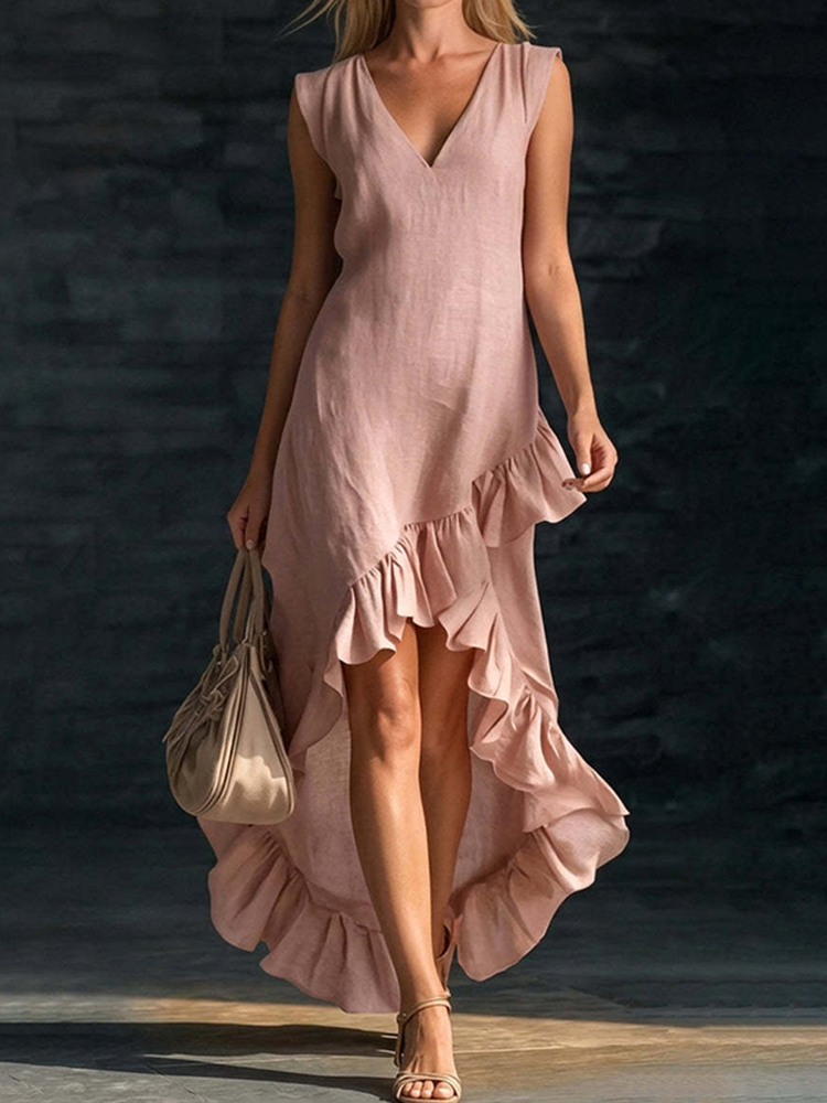 Sleeveless V-neck Ruffled Hem Linen Dress