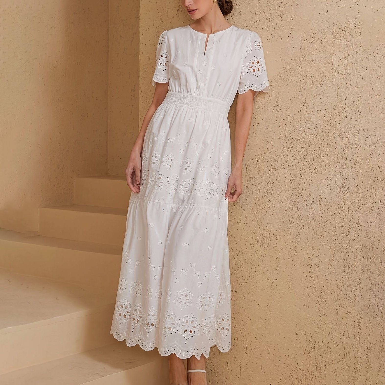 Elegant Spring And Summer Vacation Hollow Embroidered Dress