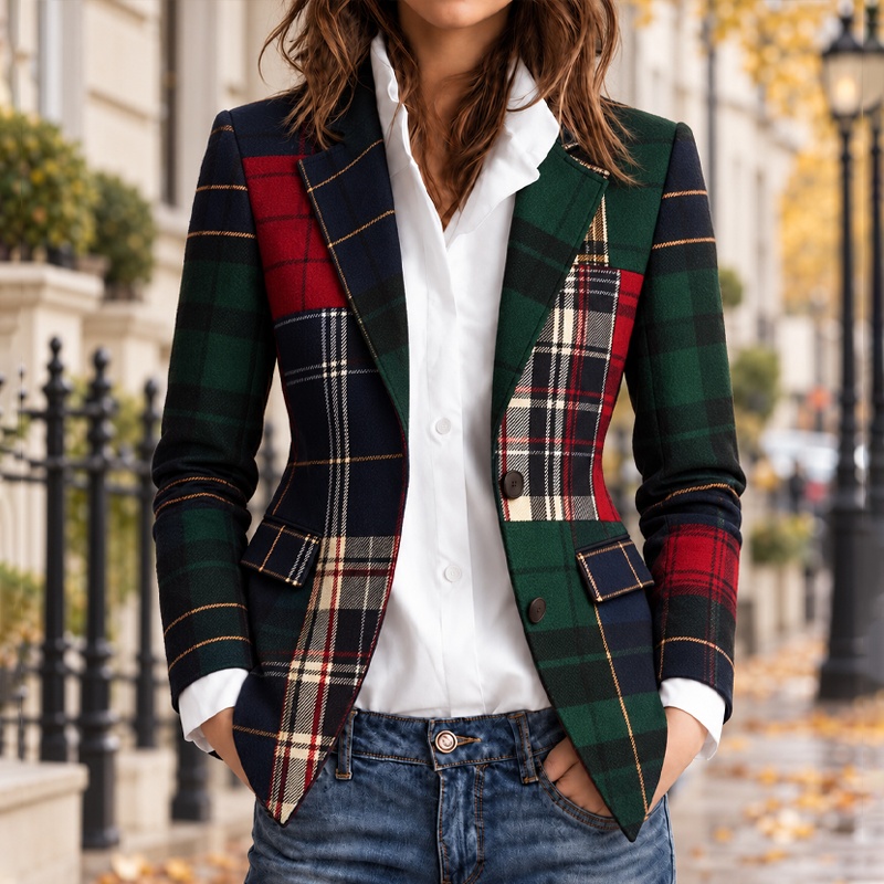 Women's British-style Colorful Plaid Printed Blazer