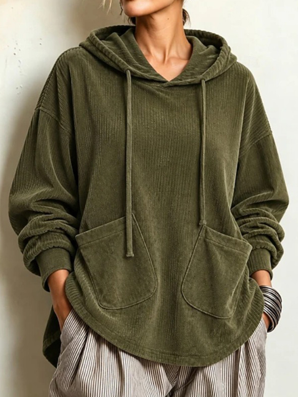 Women's Fall Winter Cozy Pocket Corduroy Hooded Top