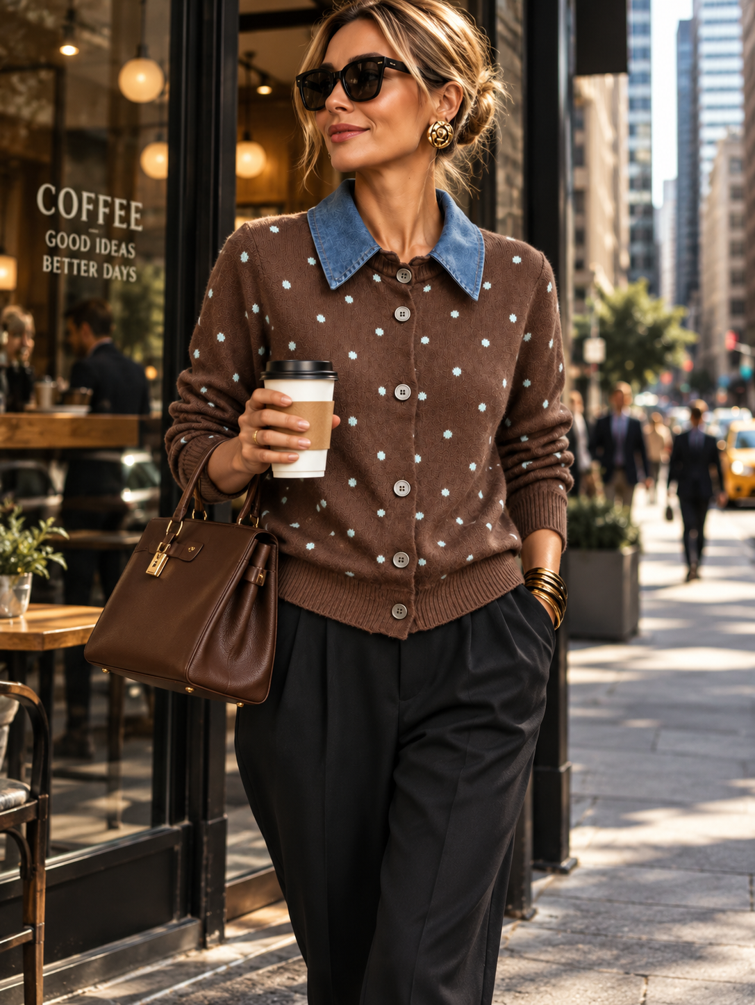 Women's Fall Winter Cozy Polka-dot "faux-layered" Denim Polo Collar Buttons Knit Cardigan