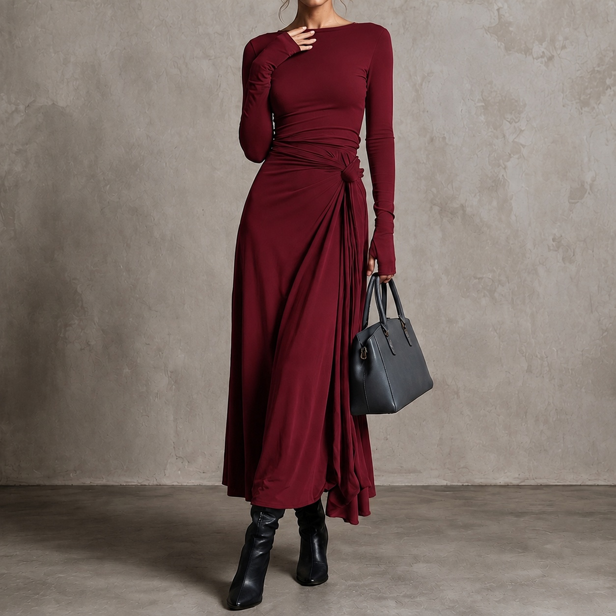 Elegant Solid Color Stretch Fabric Long Sleeve Maxi Dress