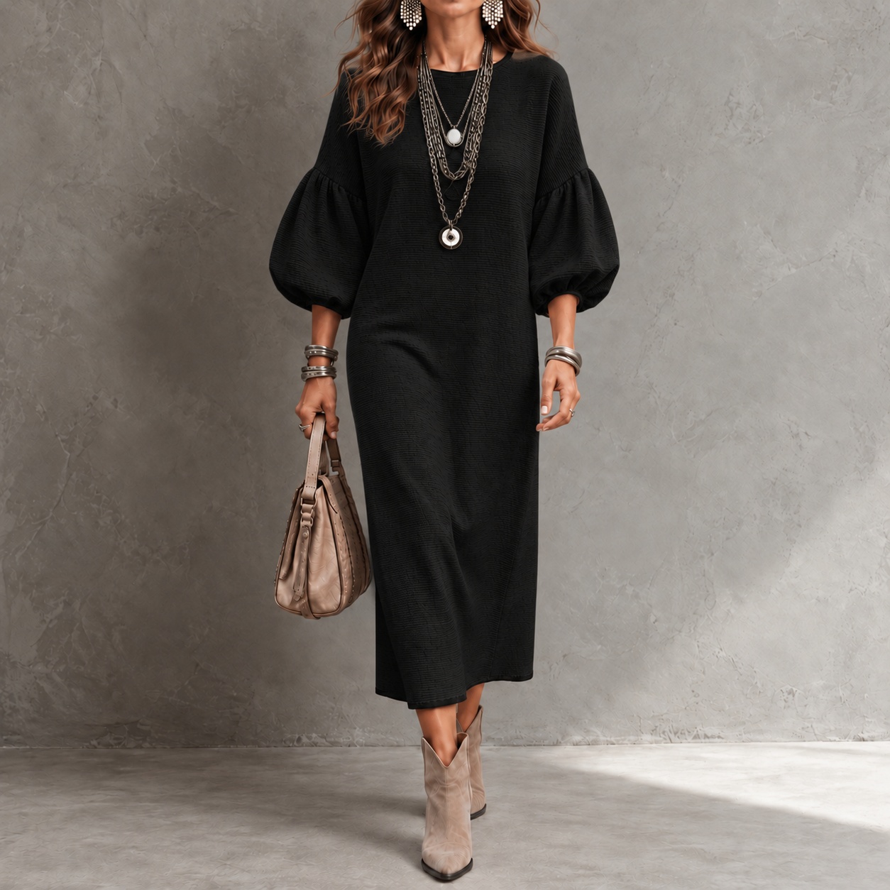 Elegant Solid-color Crew Neck With Puff Sleeves Maxi Dress
