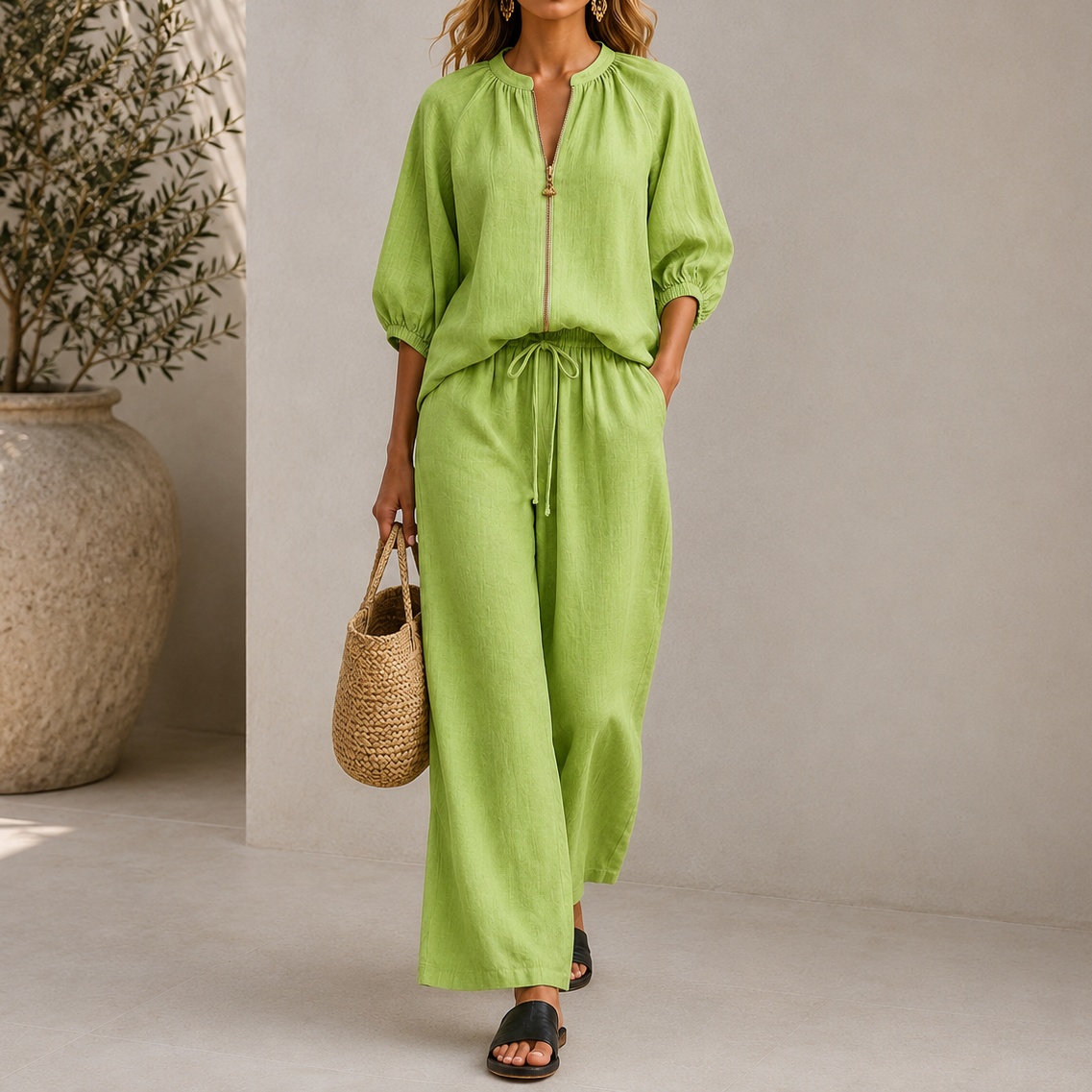 Vacation Loose-fitting Solid Color Zippered Round Neck Wide-leg Pants Suit