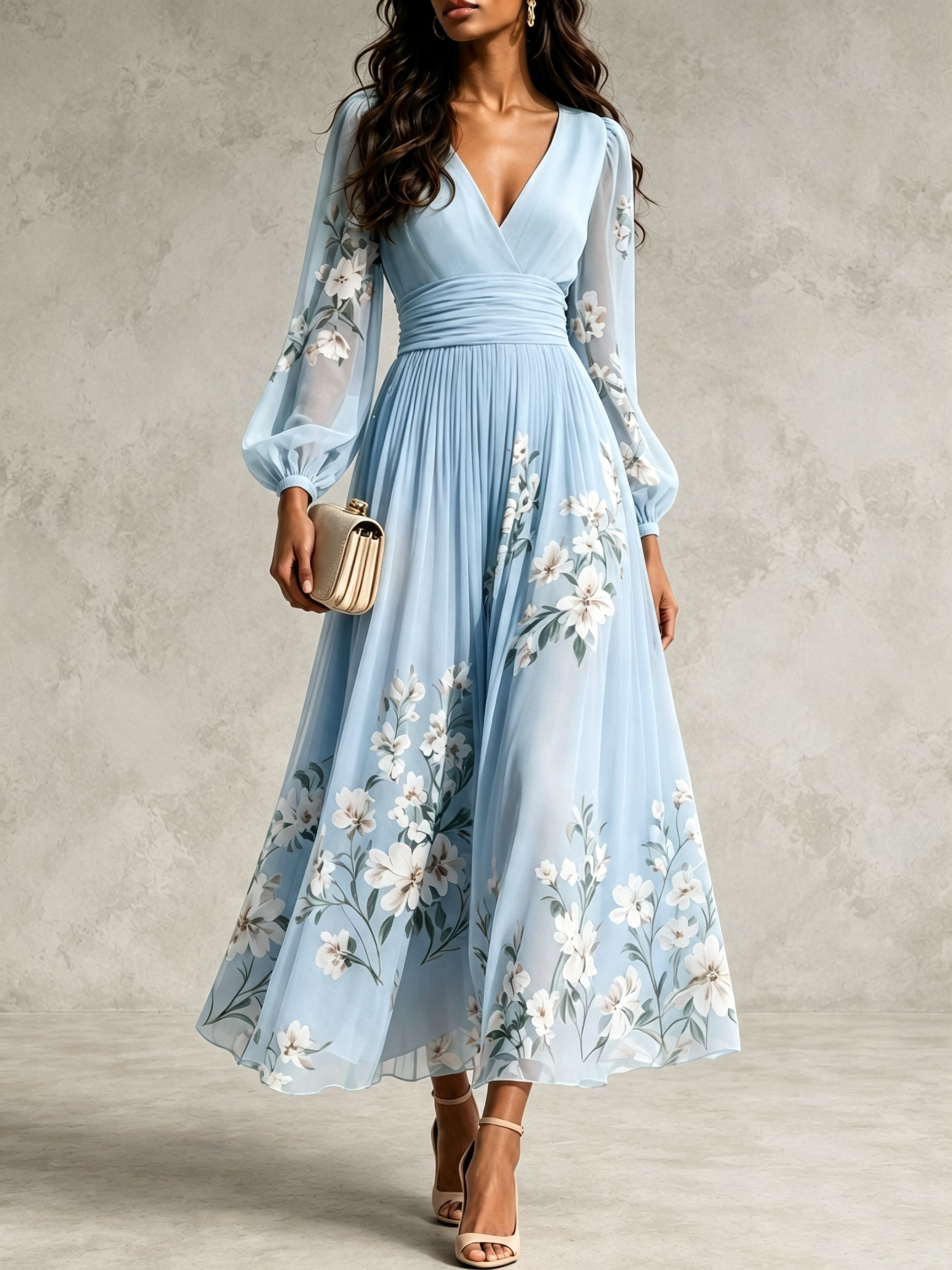 Elegant Floral Print Long-sleeved V-neck Pleated Dress