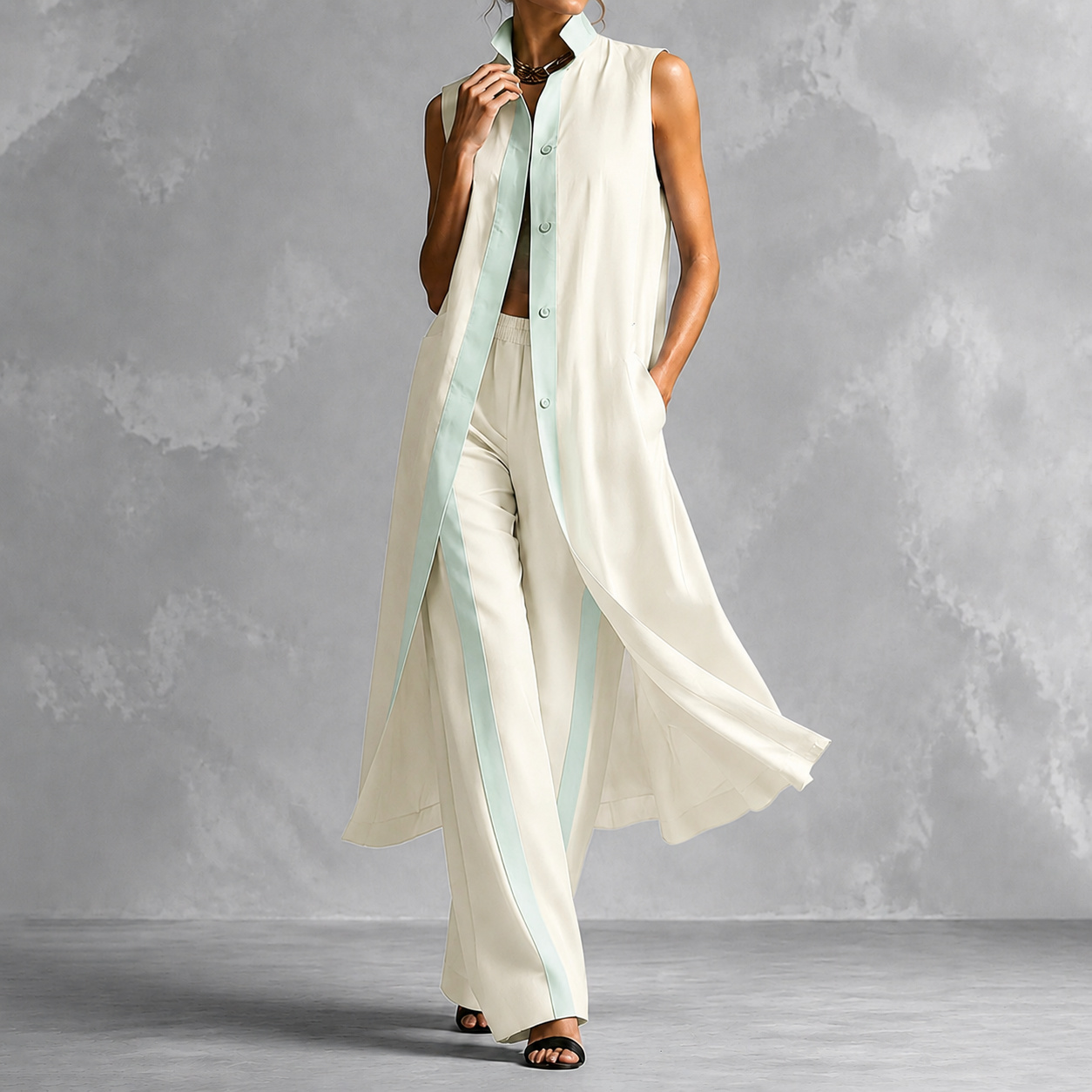 Elegant Two-piece Set Color-blocked Loose Cardigan + Trousers