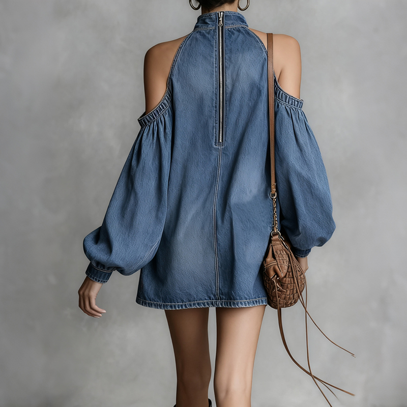 Women's Urban Plain Stand Collar Mini Denim Dress