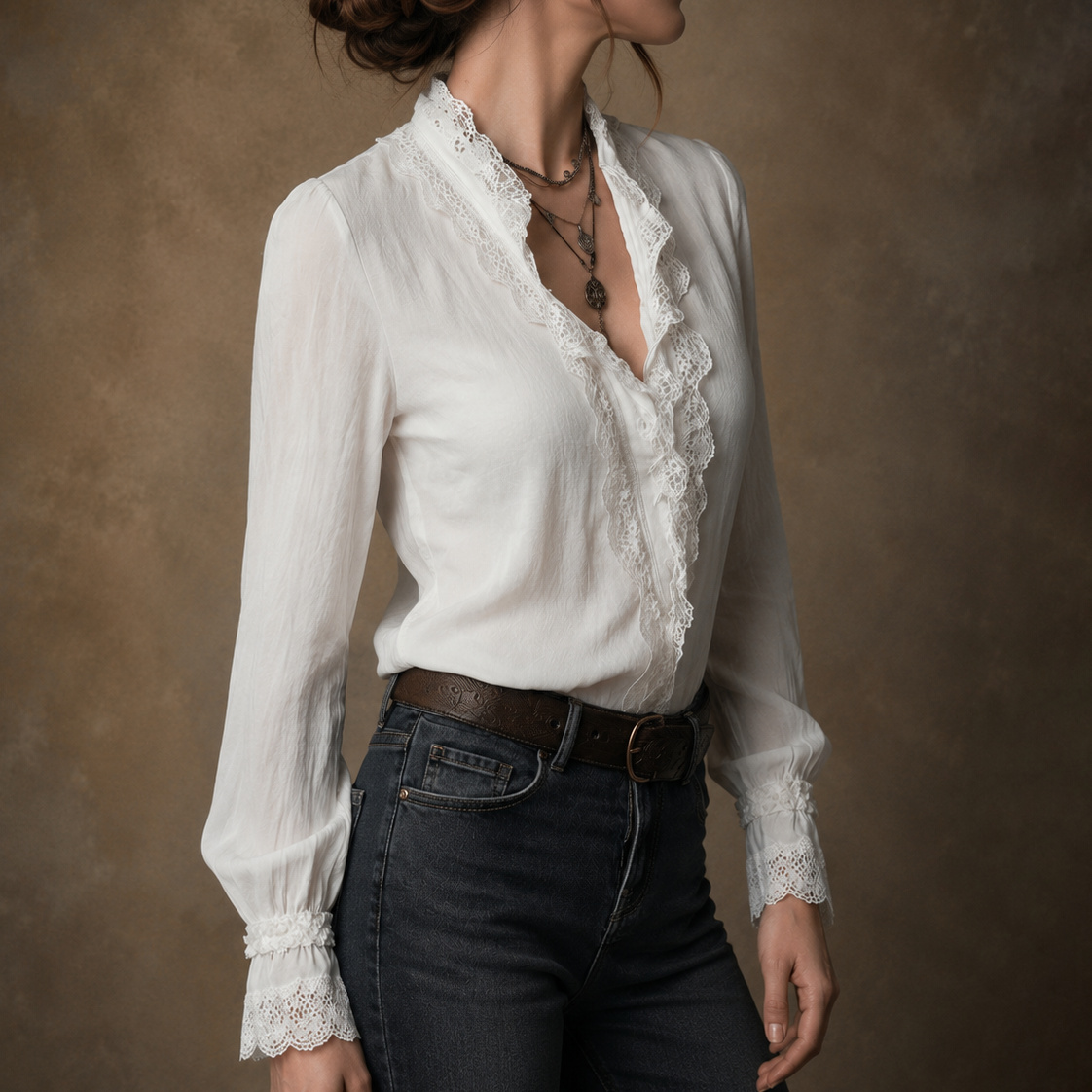 Elegant Lace-trimmed Thin Long-ssleeved Shirt