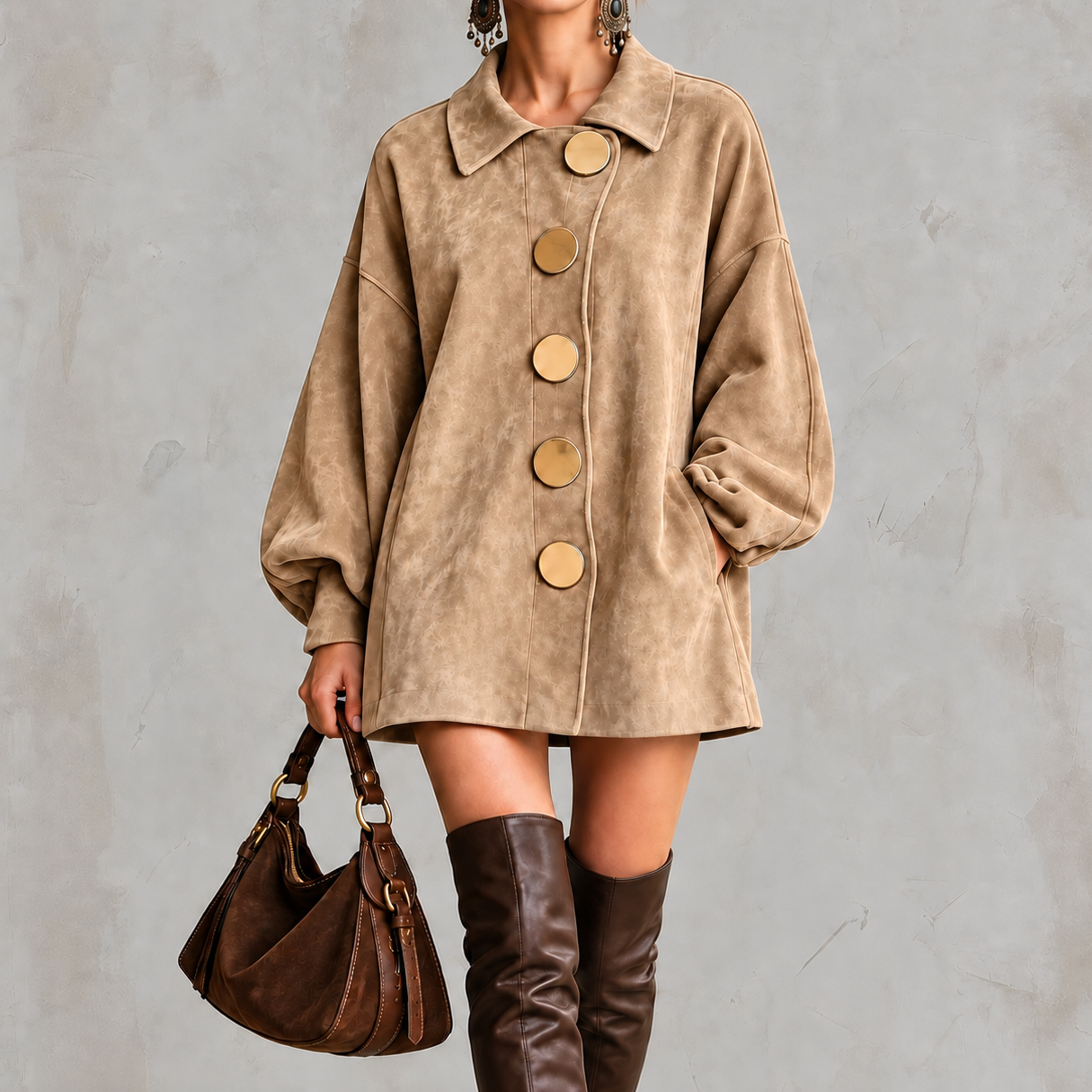 Dropped-shoulder Sleeves Lapel Suede Mini Dress