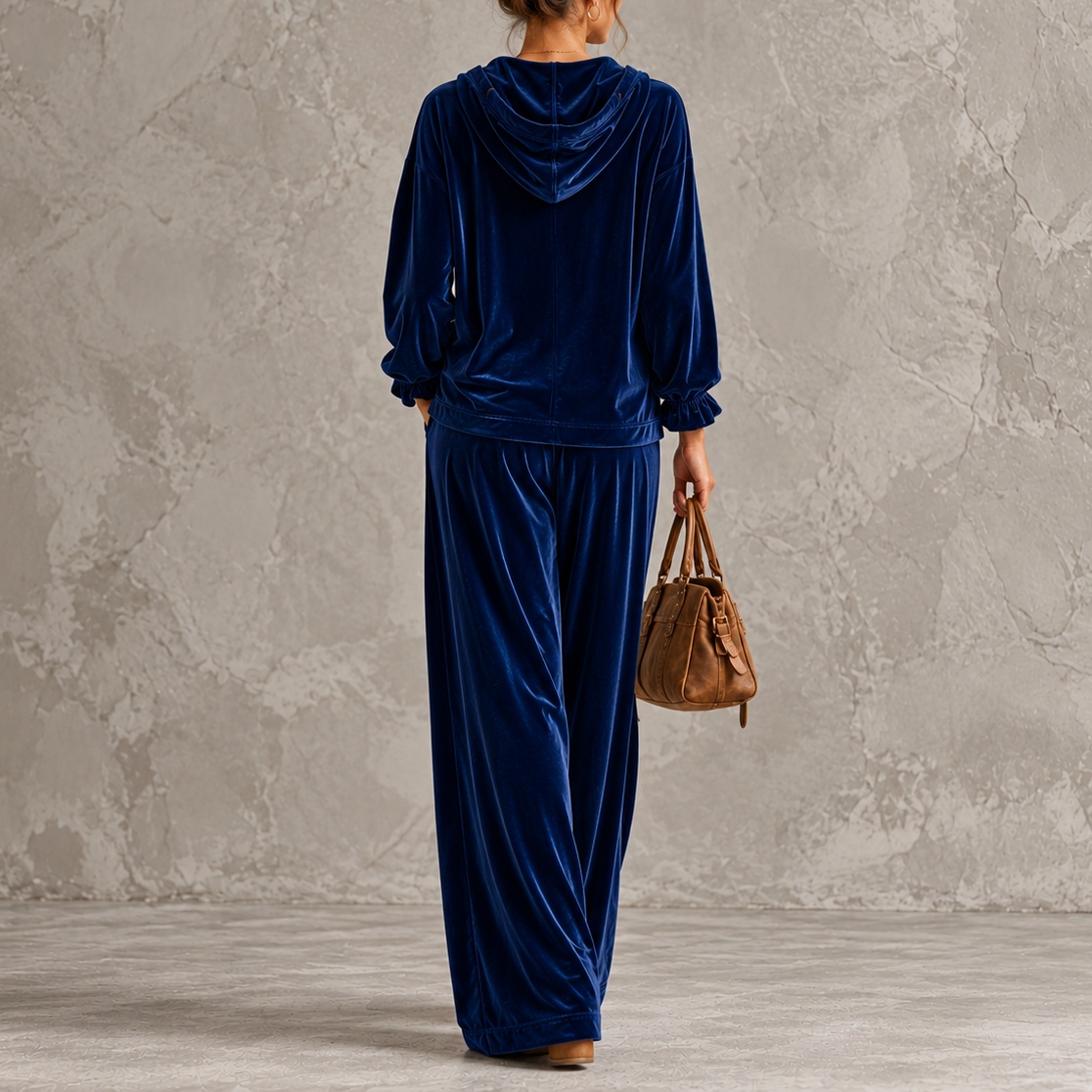 Elegance Velvet Hooded Cardigan And Wide-leg Pants Set