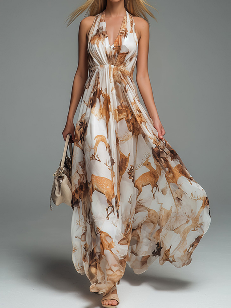 Women's V-neck Halter Neck Deer Print Dress