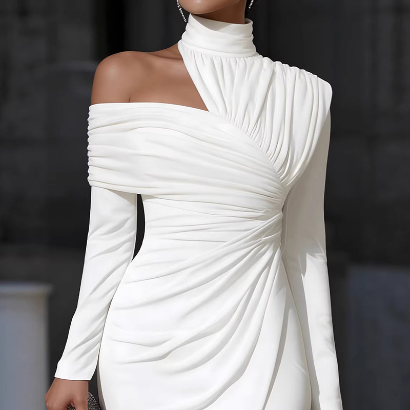 Elegant Solid Color Slim Fit Asymmetrical Neckline Ruched Dress