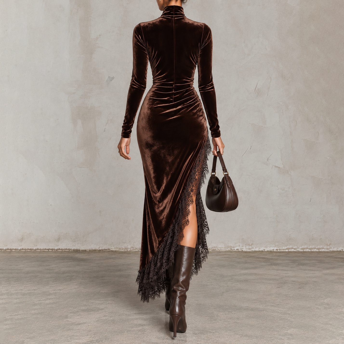 Elegant High-neck Velvet Long-sleeved Maxi Dress