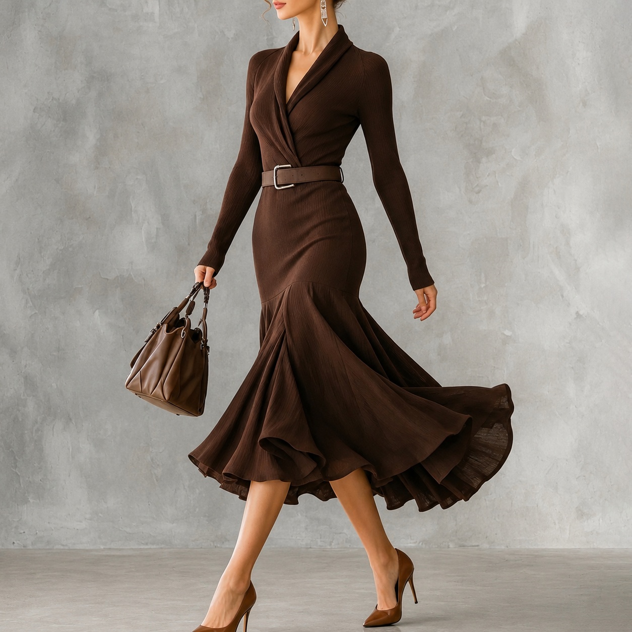 Wrap V Neck Long Sleeve Without Belted Midi Dress