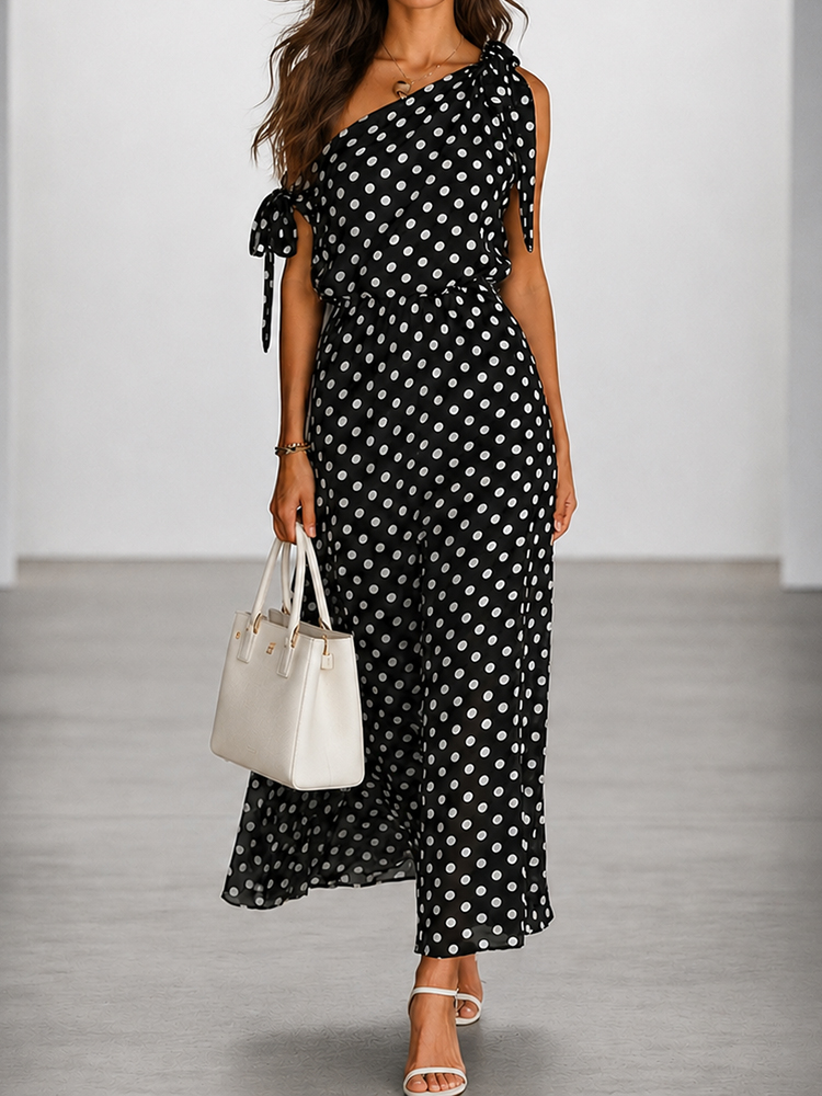 Elegant Off-shoulder Sleeveless Polka Dot Maxi Dress
