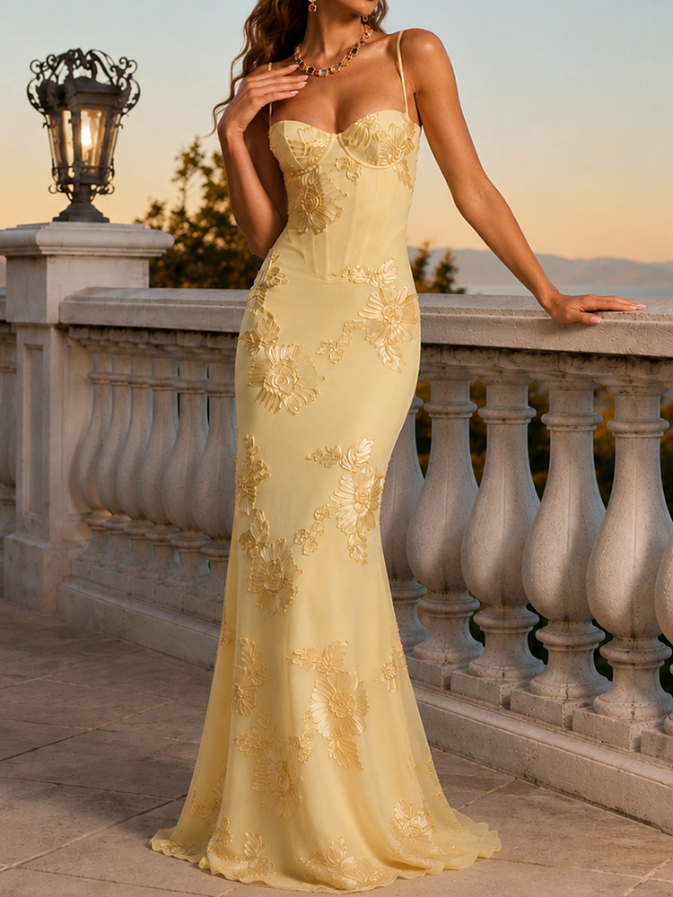 Elegant Fitted French Backless Solid Color Jacquard Evening Dress