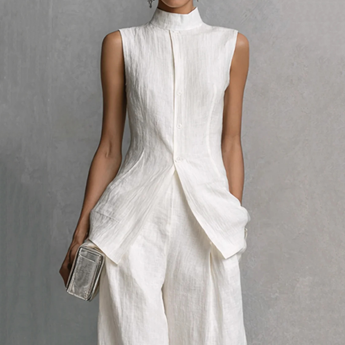 Fashion Elegant Solid Color Sleeveless Cotton Linen Shirt And Trousers Set