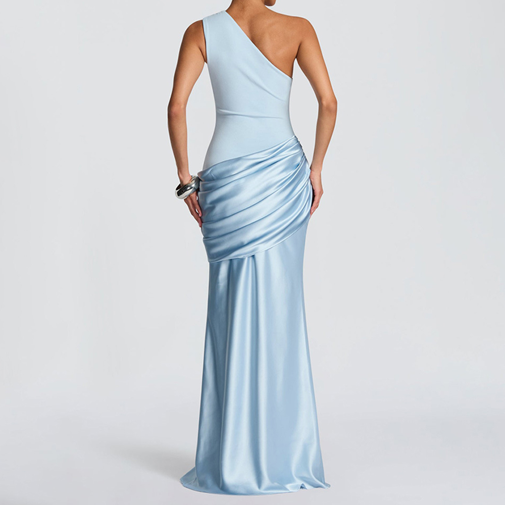 One Shoulder Slope Neck Pleated Satin Slim Fit Hip Hugging Maxi Dress